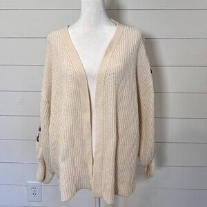 Mi Ami Cream Ribbed Chenille Sweater Jacket with Puffed Floral Sleeve Size M